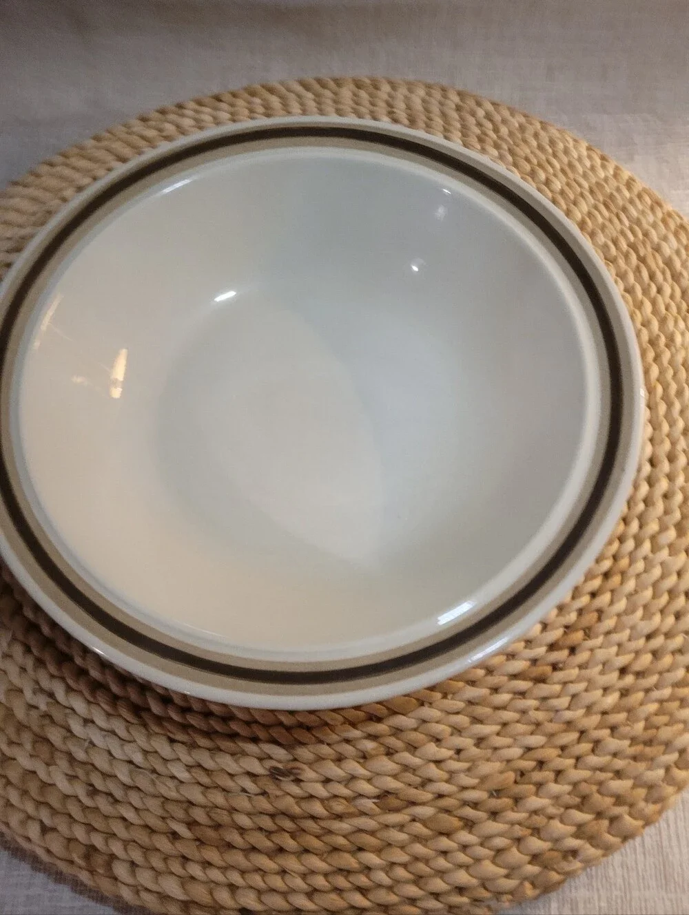 Classic White Stoneware Serving Bowl with Brown Rim. Vintage